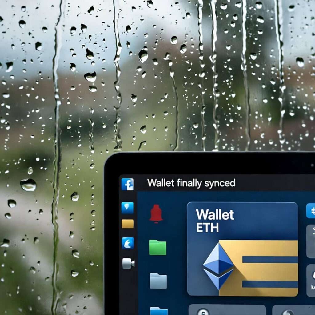 Rain-streaked window reflects laptop: ETH wallet finally synced.