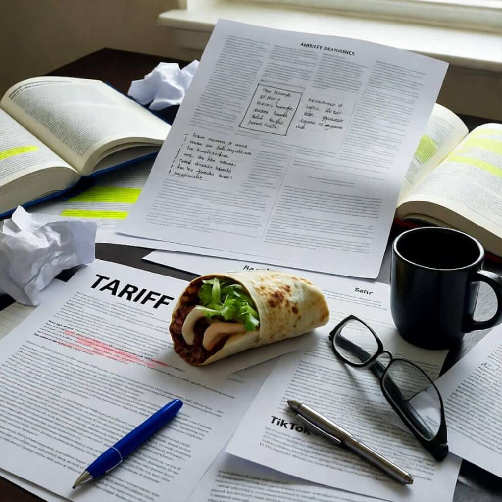 Messy desk: tariff sheets, TikTok printouts, half-eaten burrito.