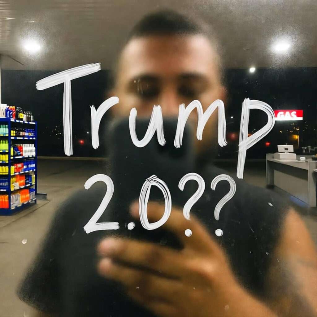 Blurry gas-station mirror selfie; foggy glass scrawled "Trump 2.0???"