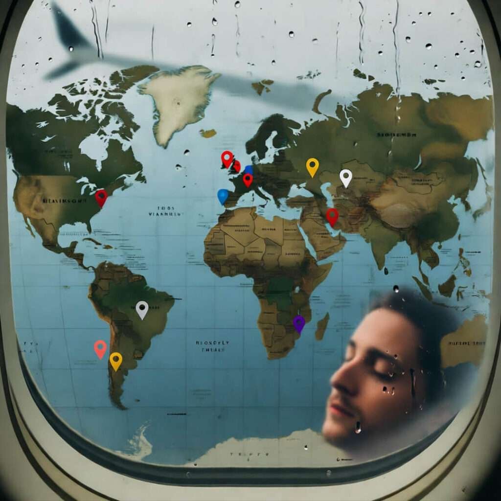 Rain-streaked plane window: world map, trade pins, tired reflection.