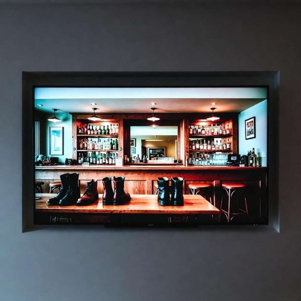 TV in bar shows boots on table, empty stools, stocked shelves.