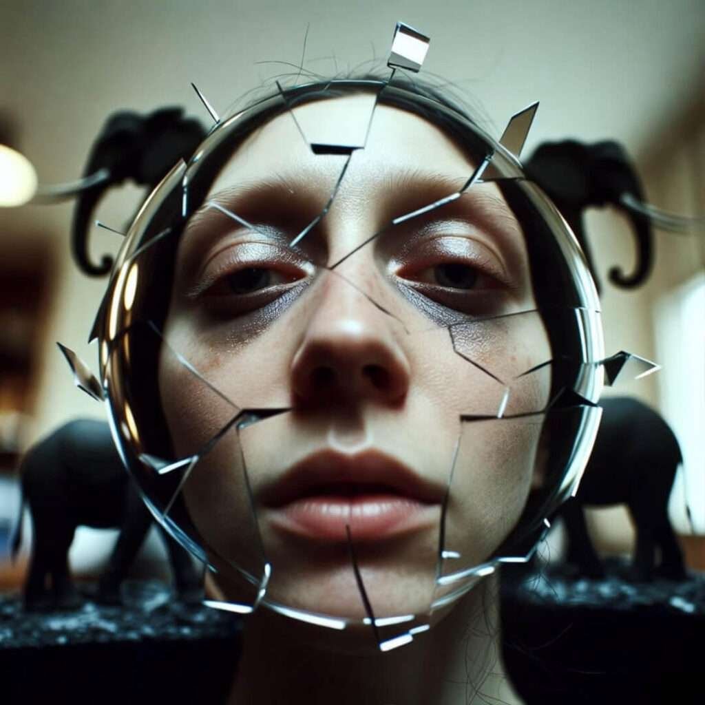 Fisheye selfie: cracked tired face, shattering elephant silhouettes.