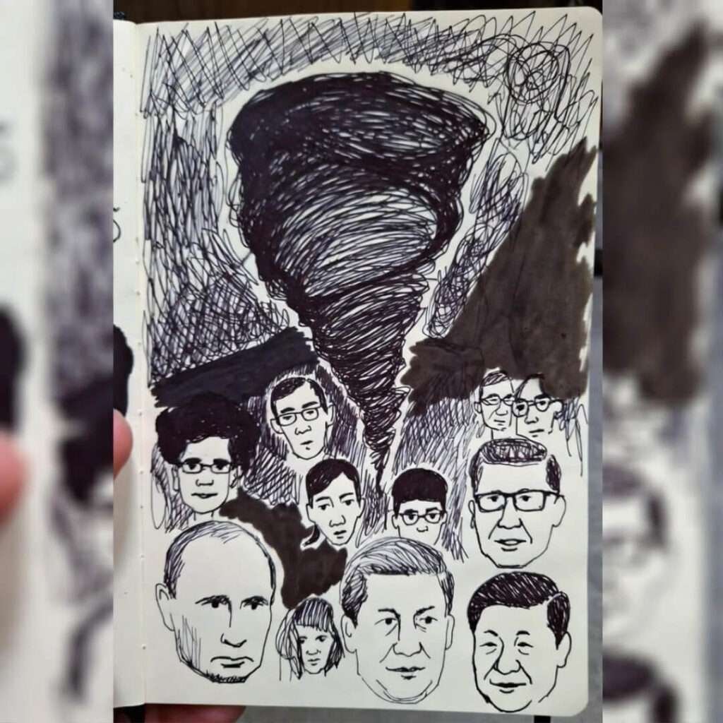 Crumpled notebook doodle: Trump's hair tornado sucks in cartoon Putins and Xis.