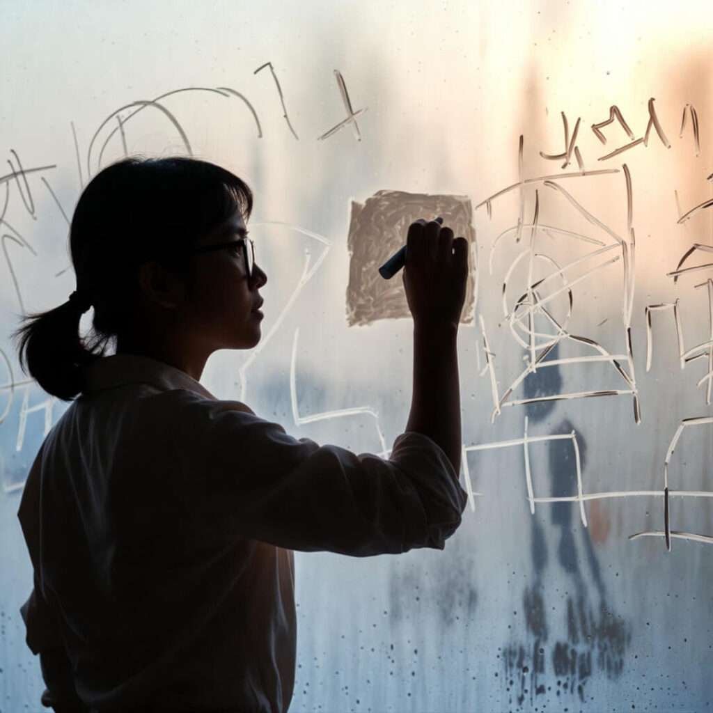 Silhouetted teacher sketches math equations on foggy window with chalk.