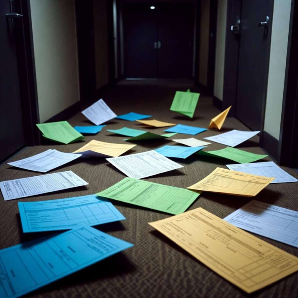 Scattered report cards turning into paper planes in dim hallway.