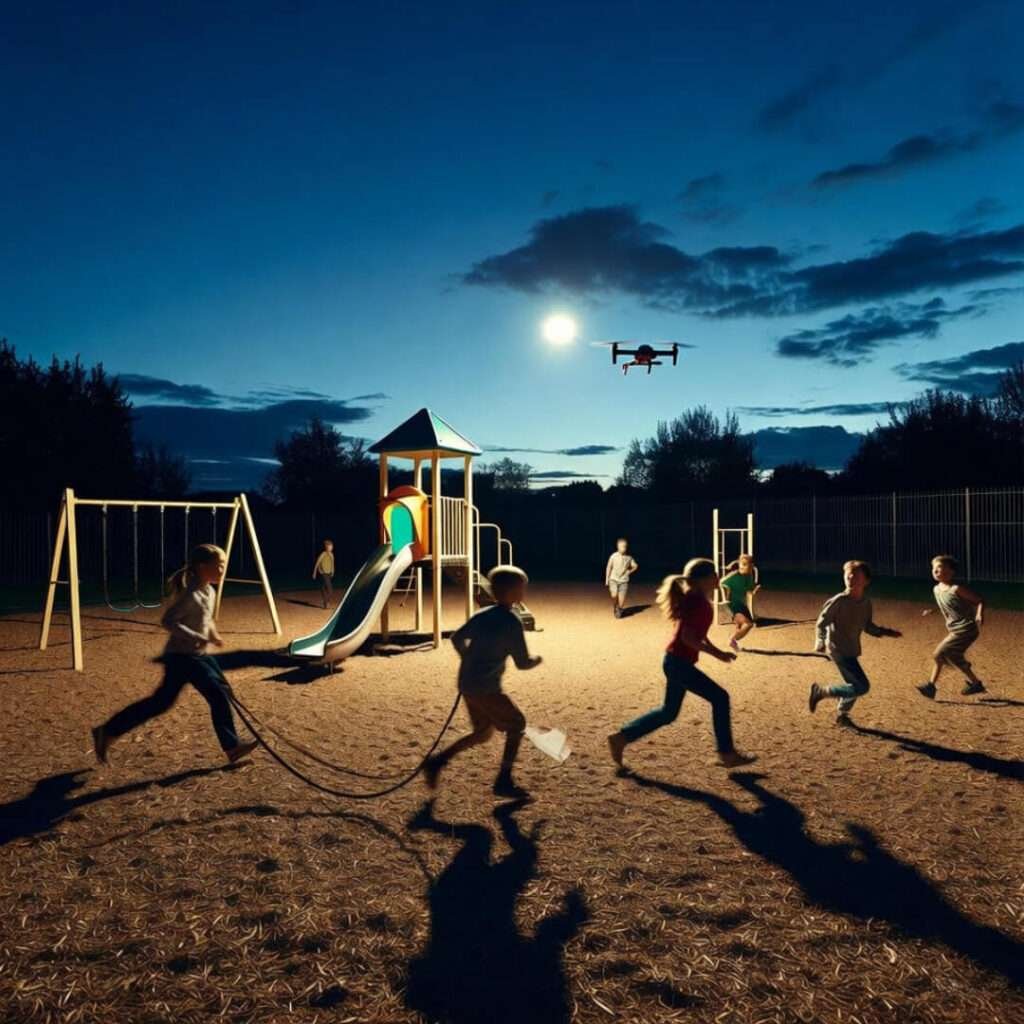 Kids chase drone-dropped worksheets on dusk playground, tangled dog leash.