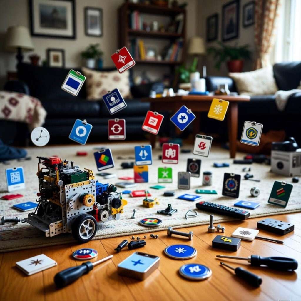 Blurry living room floor with scattered badges and half-assembled robot.