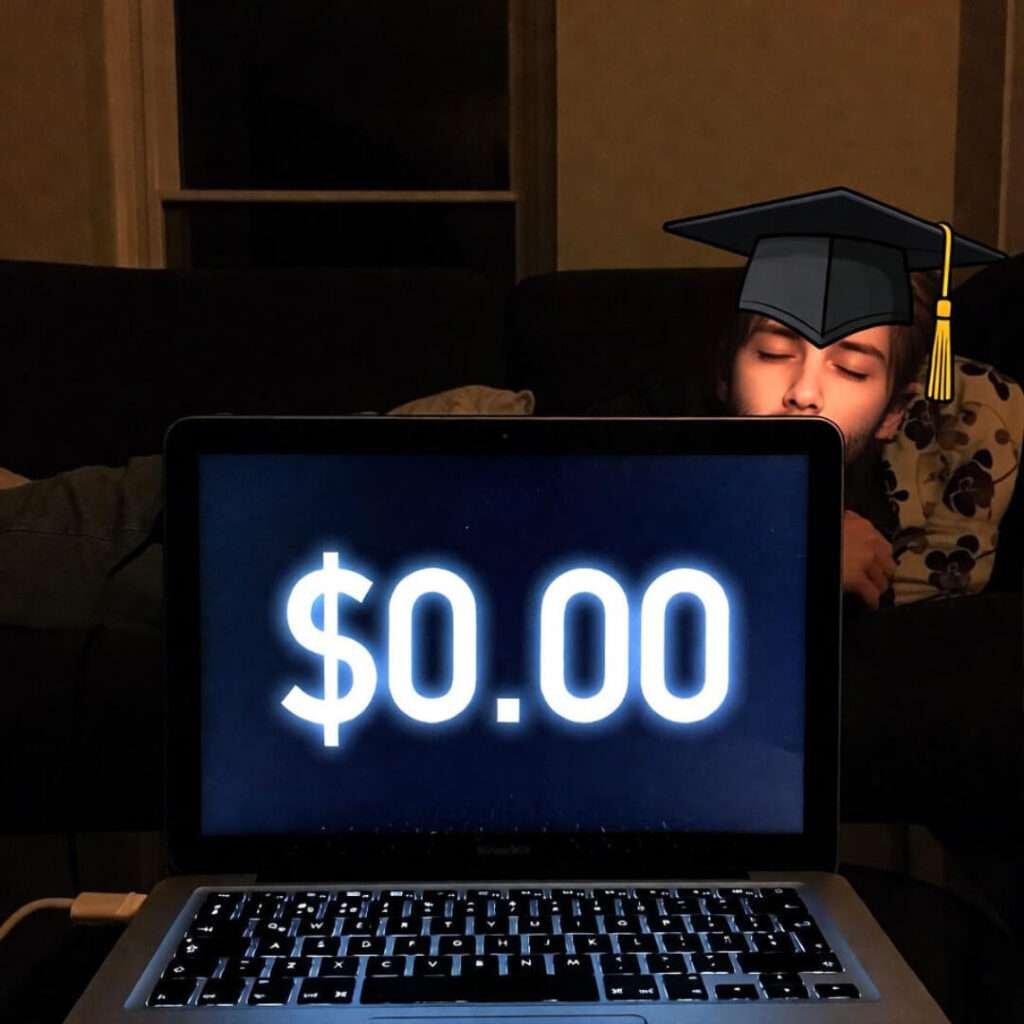 Blurry night shot of laptop with $0.00 balance, person asleep on couch with graduation cap filter.
