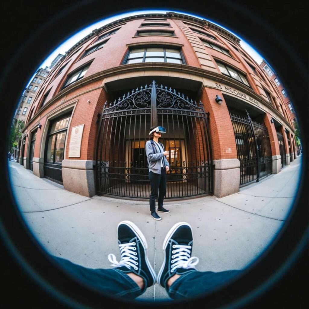 Fish-eye view of VR headset, gates, and sneakers in US city street.