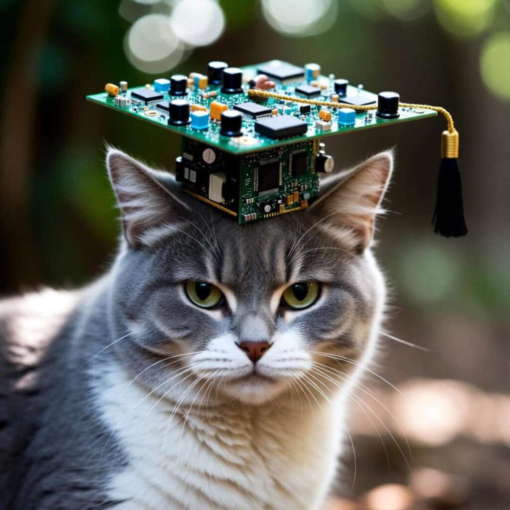 Gray cat wearing tiny motherboard graduation cap with tassel.