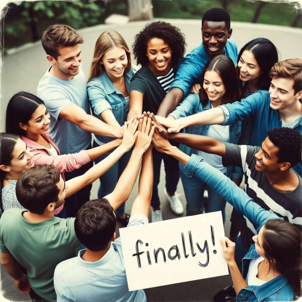 Vintage drone view of diverse students high-fiving in circle, "finally!" note held up.