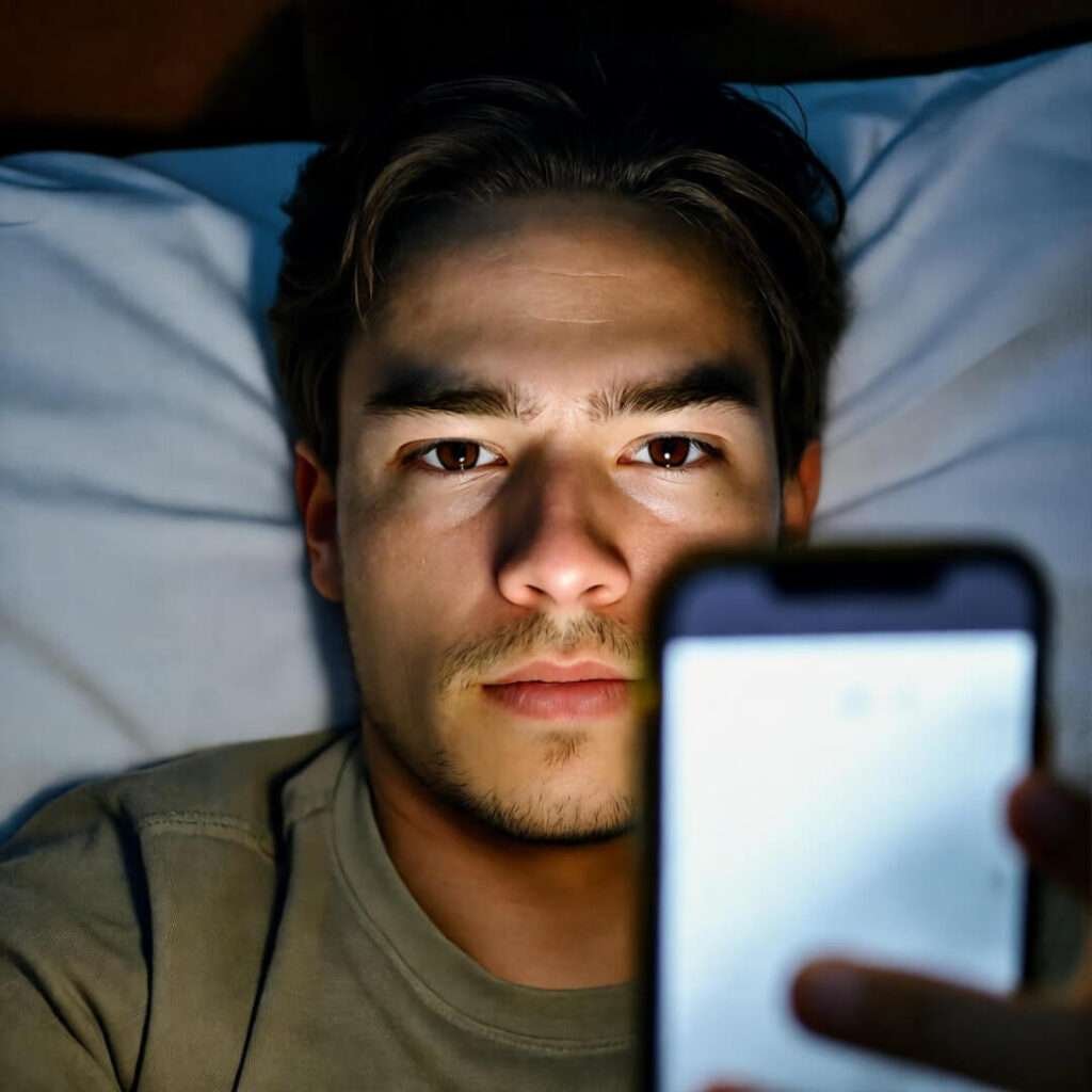 Half-open eye selfie, phone glow carves shadows over vicious X replies.