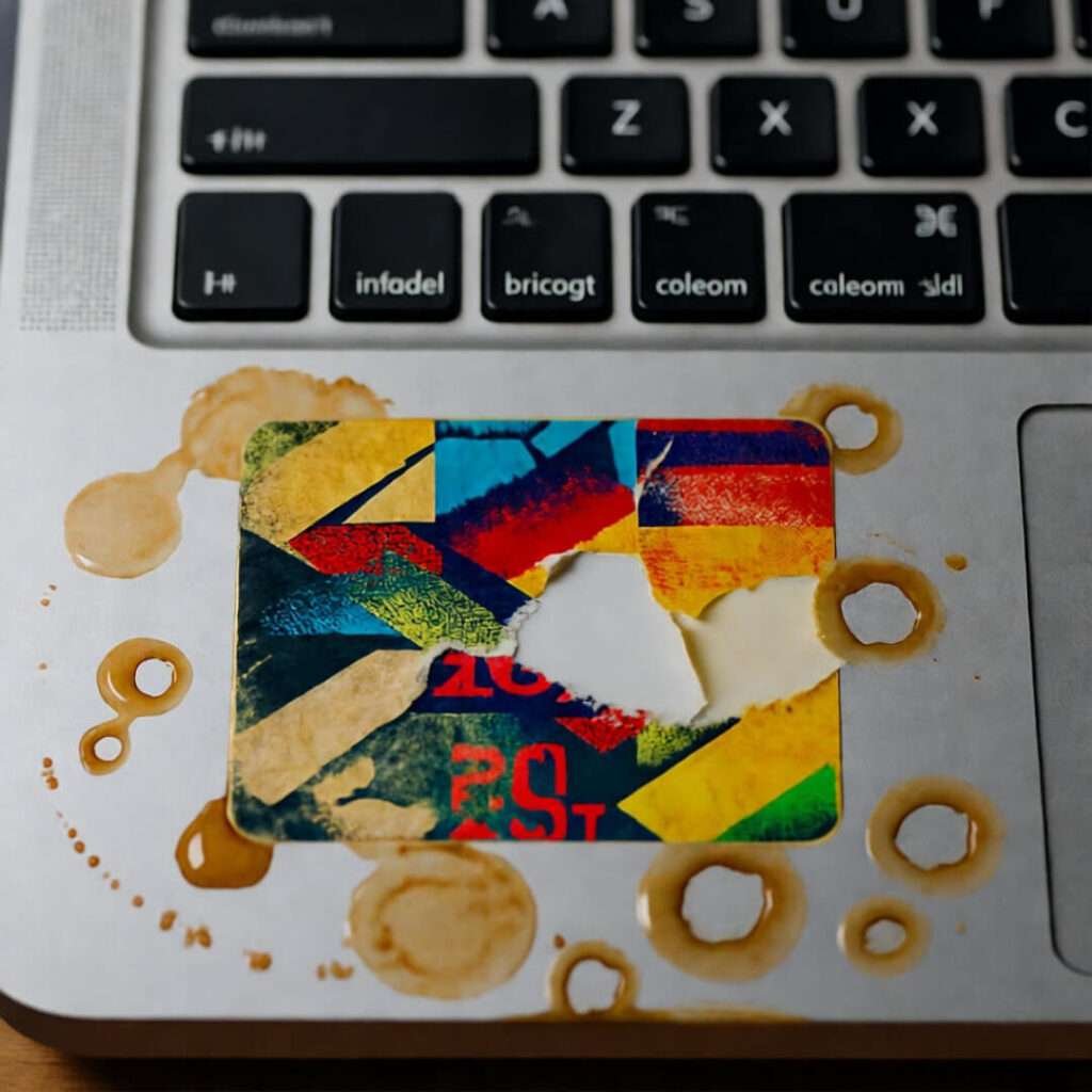 Peeling laptop sticker half-torn, surrounded by coffee rings on keyboard.