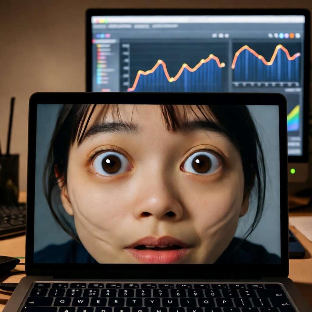 Distorted coder face on laptop, veins from data graphs, dim office.