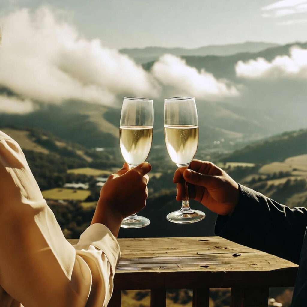 Hands toasting wine glasses over foggy hills from balcony.