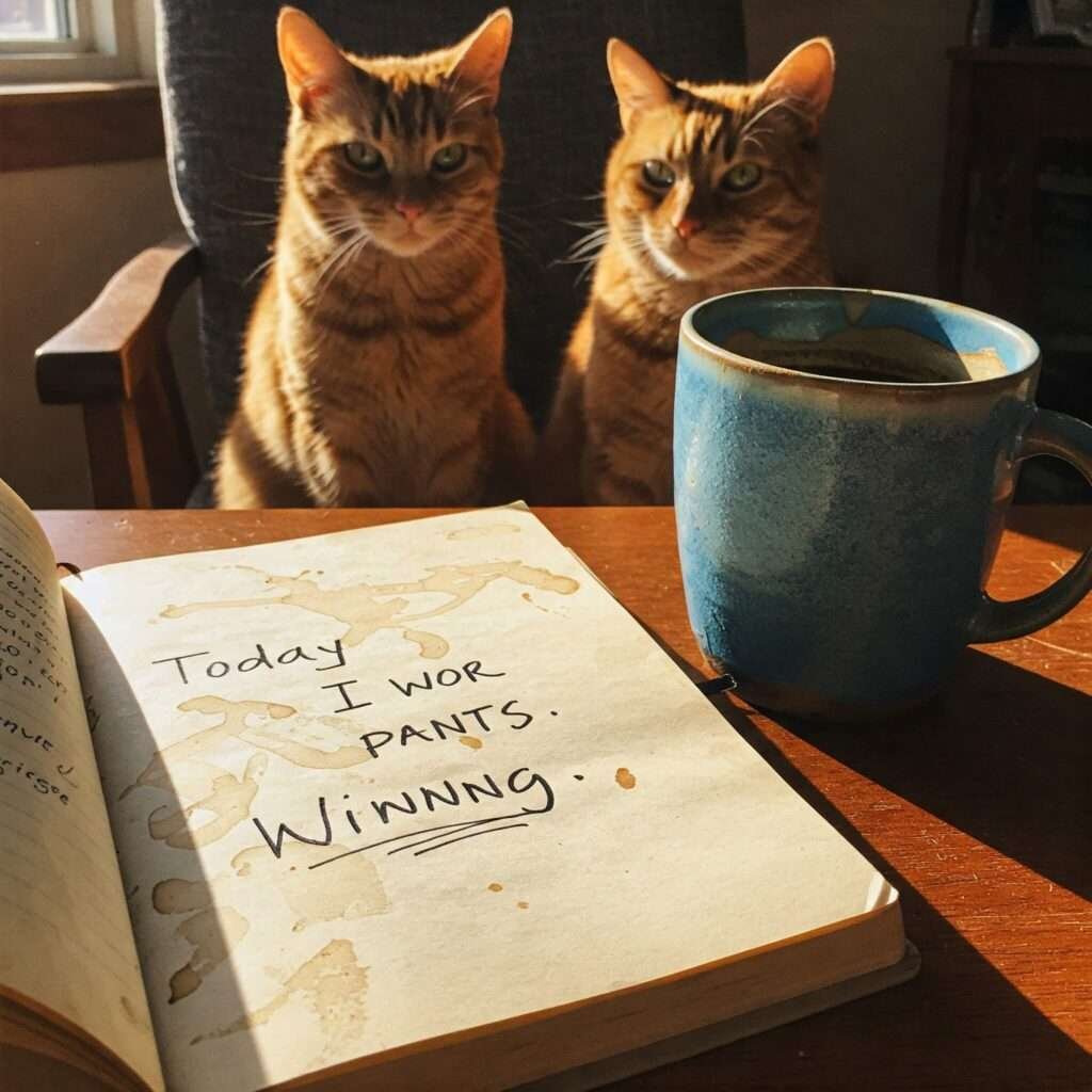 "Today I wore pants": Judging cat and coffee.