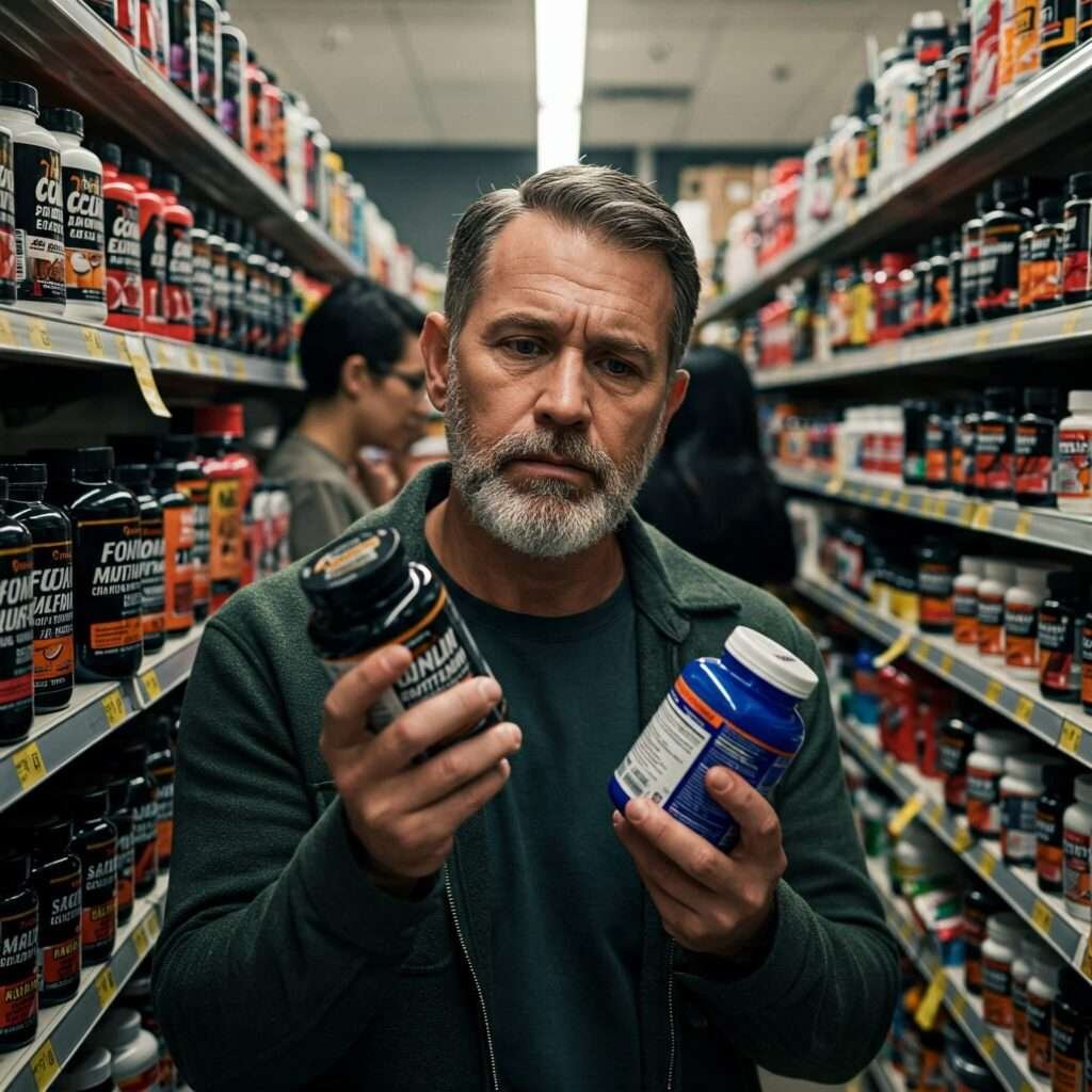 Puzzled Man with Vitamins Aisle