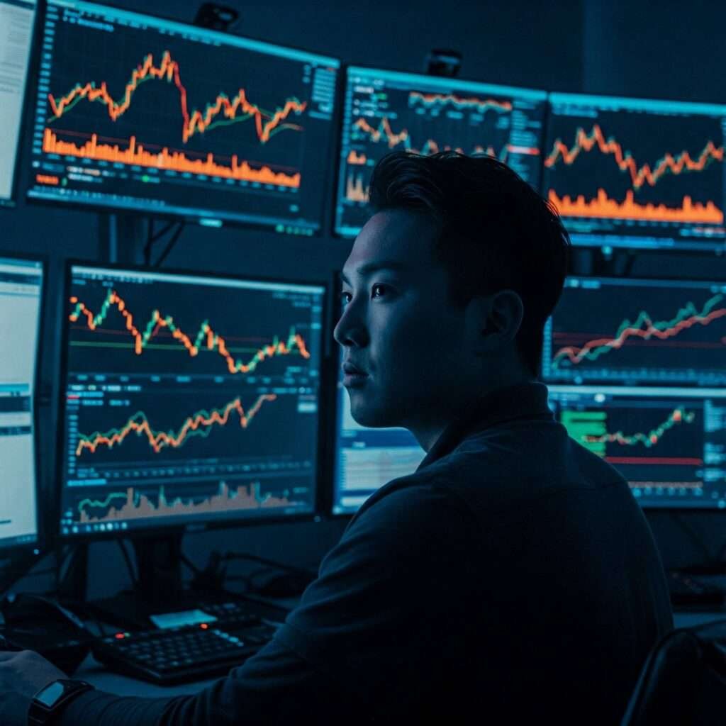Trader watches Bitcoin $100K surge on screens.