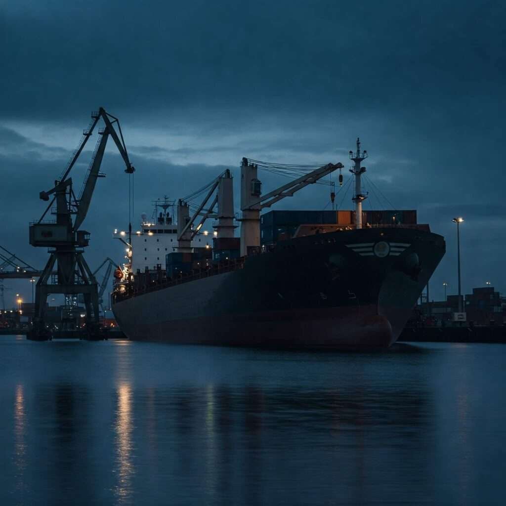 Cargo ship at port: Trade policies.