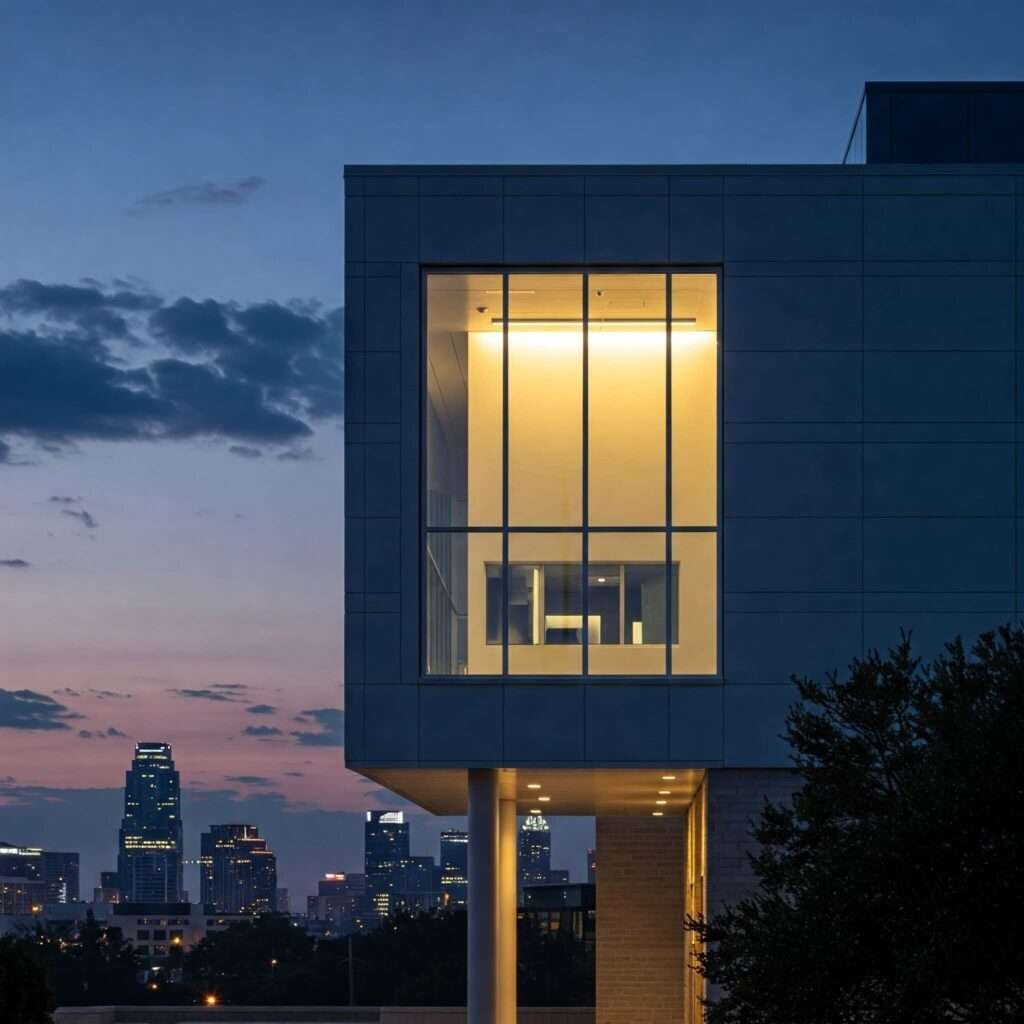 Lit window at UATX at dusk