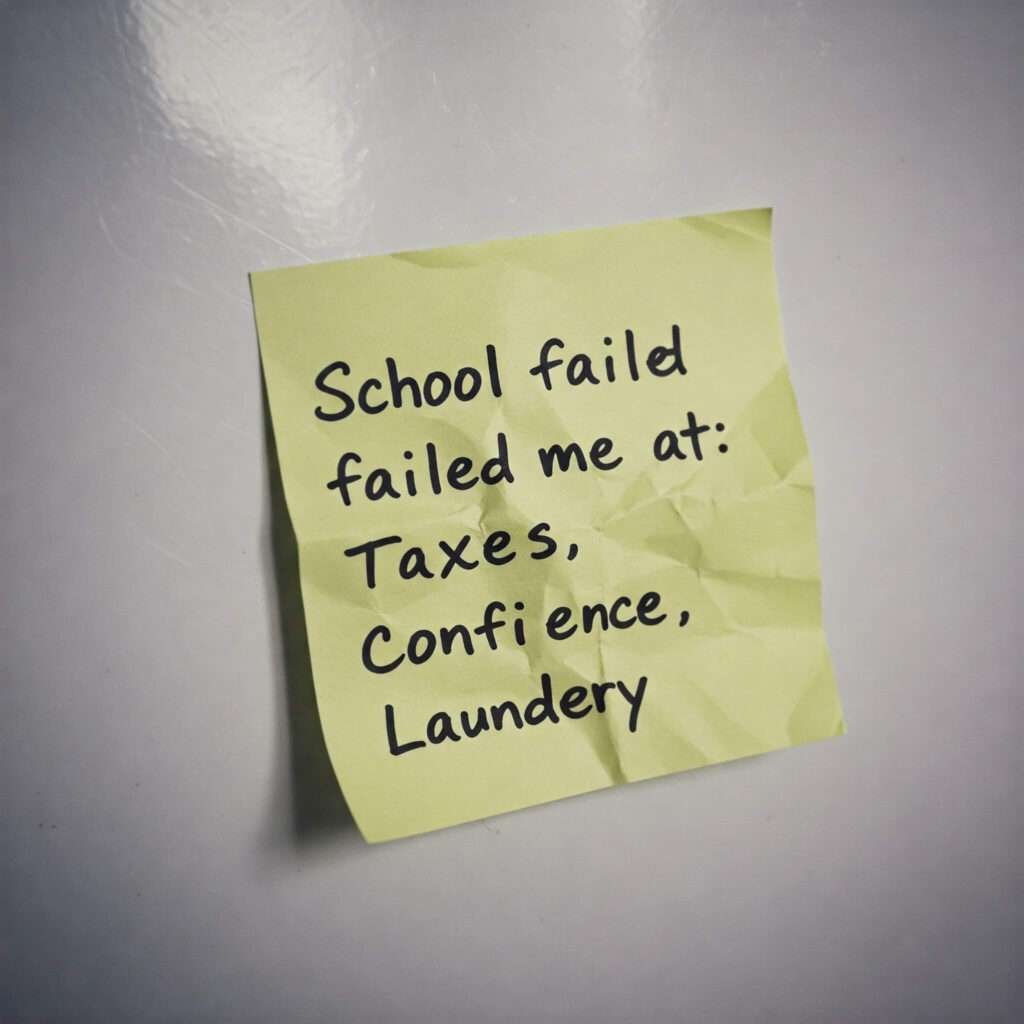 Crumpled sticky note listing school failures.