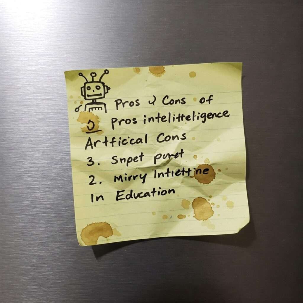 Crumpled sticky note listing AI pros and cons on the fridge.