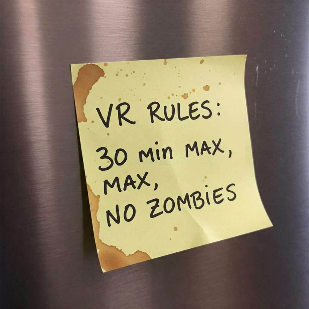 Coffee-stained sticky note with VR rules."
