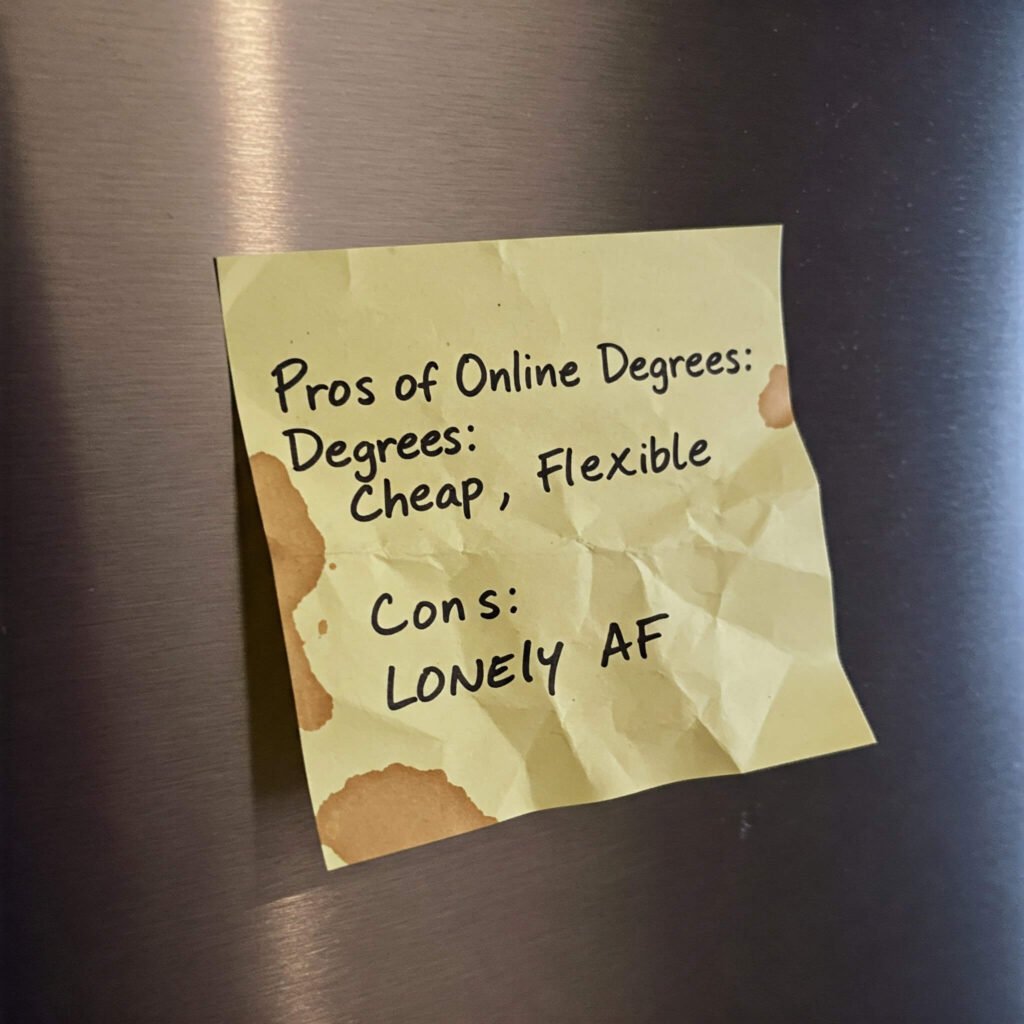Coffee stain sticky note, online degree pros