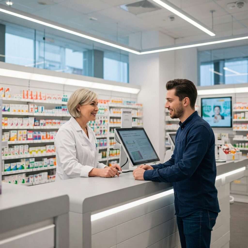 Pharmacist consulting with patient in modern pharmacy.
