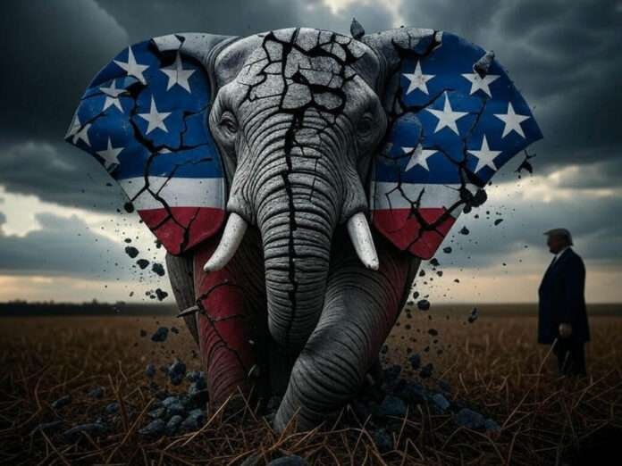 A shattered GOP elephant logo with Trump