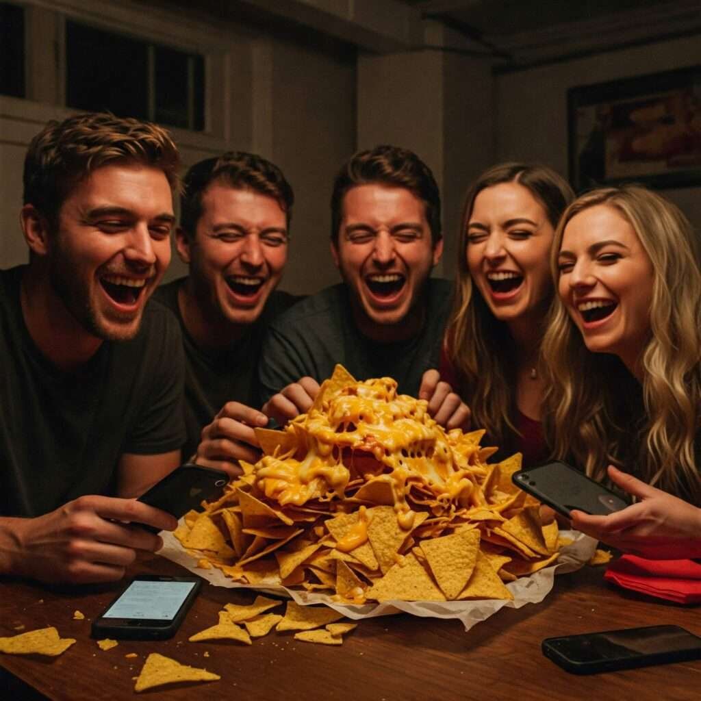 Laughing friends, phones under nachos: awkward fun.