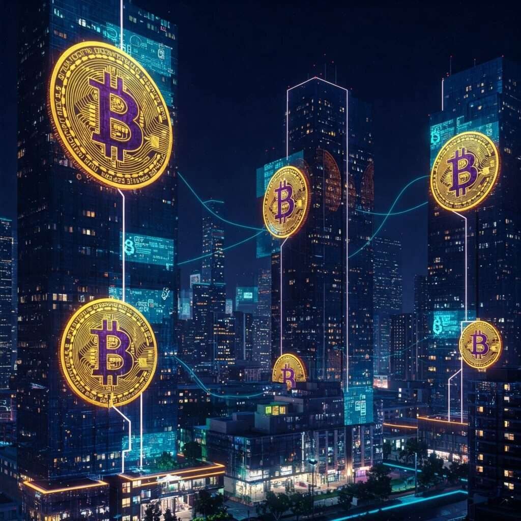 Bitcoin city: futuristic crypto integration.