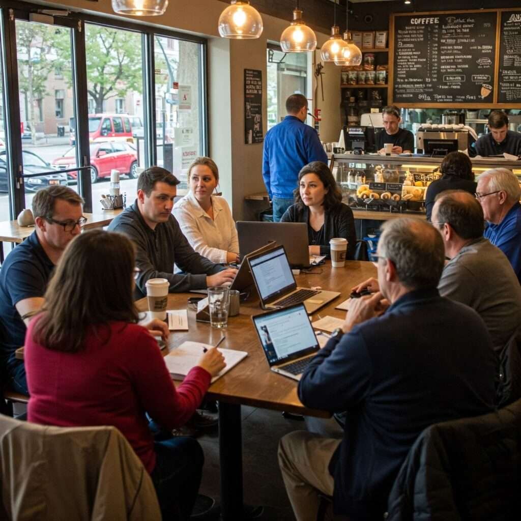 Diverse Americans engaging in political discussions at a coffee shop."