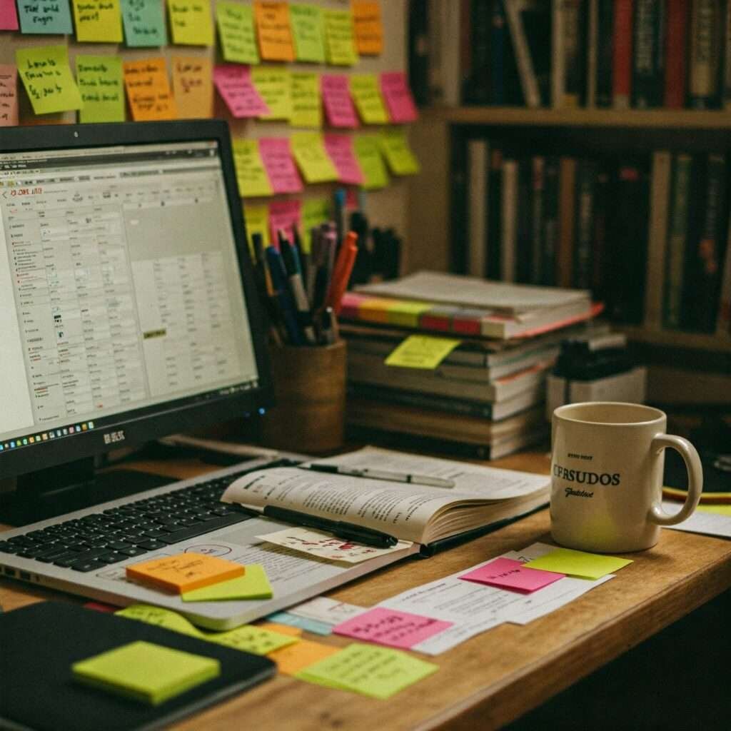 Cluttered desk with Post-its, yearbook, and coffee mug.