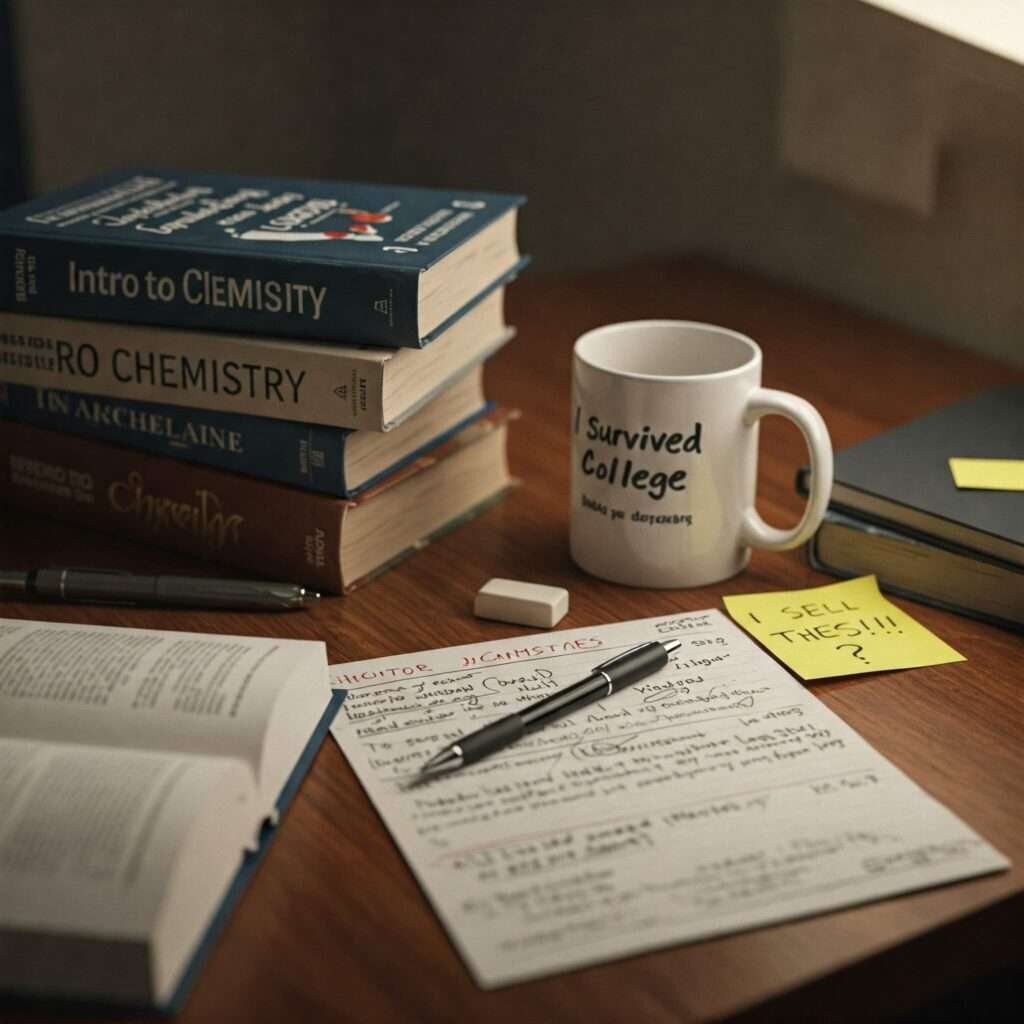 Cluttered Desk with College Textbooks