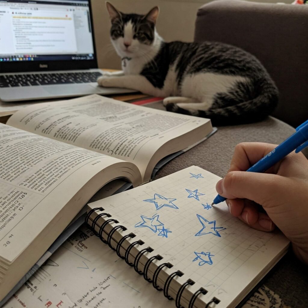 Cat on textbook, laptop lecture, hand doodling stars