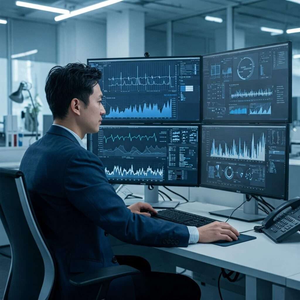 Health informatics specialist analyzing data on multiple screens.