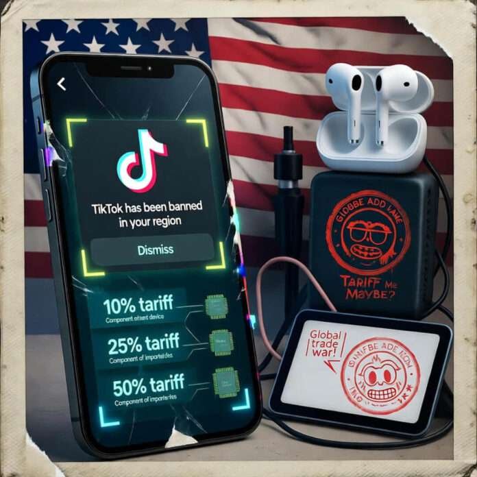 Cracked phone shows TikTok ban, tariff stamps on gadgets under faded flag.