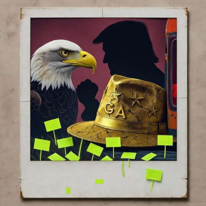 Cracked golden MAGA hat leaks neon confetti; eagle fist-bumps Trump silhouette.