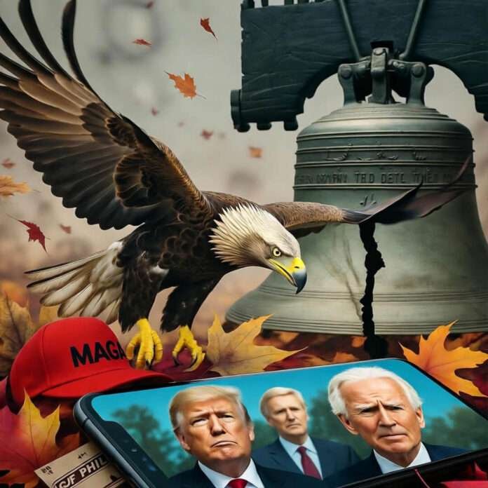 Golden eagle dives at cracked Liberty Bell amid MAGA hat, phone with leaders, hazy fall leaves.