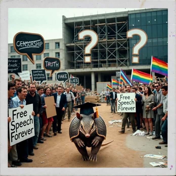 Armadillo in grad cap charges between free speech and rainbow flag protesters.