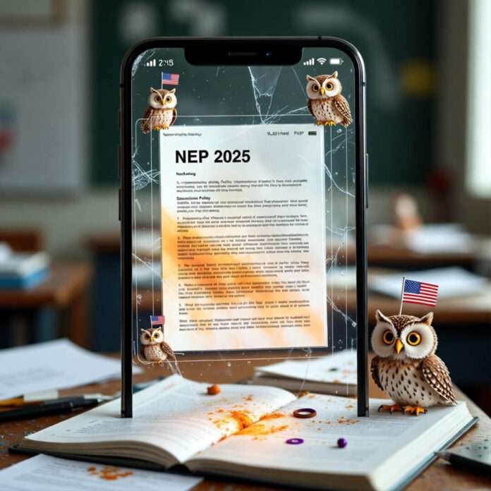 Cracked phone hologram of NEP 2025 over messy desk with cartoon owls.