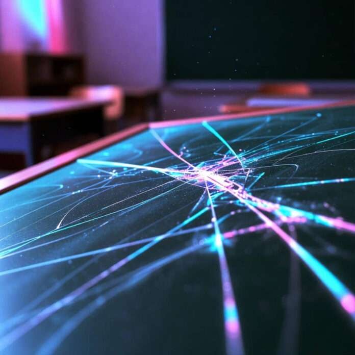 Neon glitch explosion on cracked classroom desk, low-angle view.