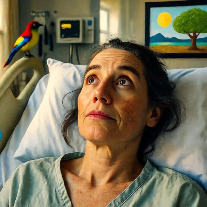Exhausted nurse gazes up from hospital bed, colorful bird perched nearby.