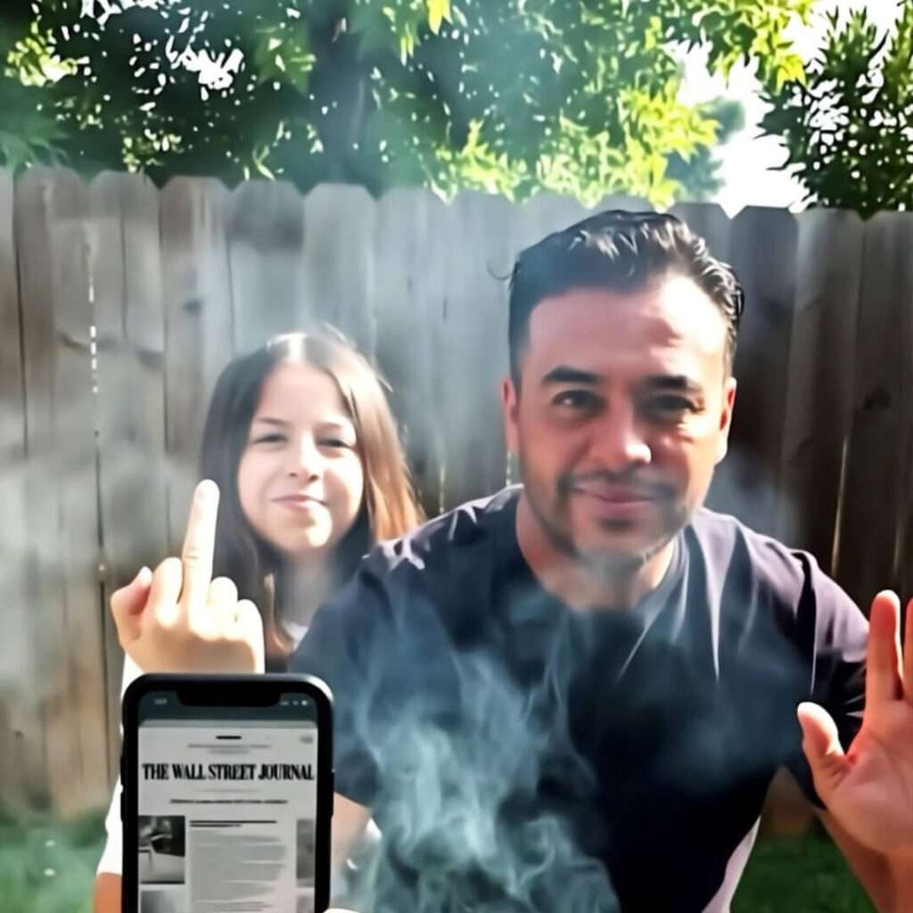 Niece flips off tio waving WSJ phone amid demonic grill smoke.