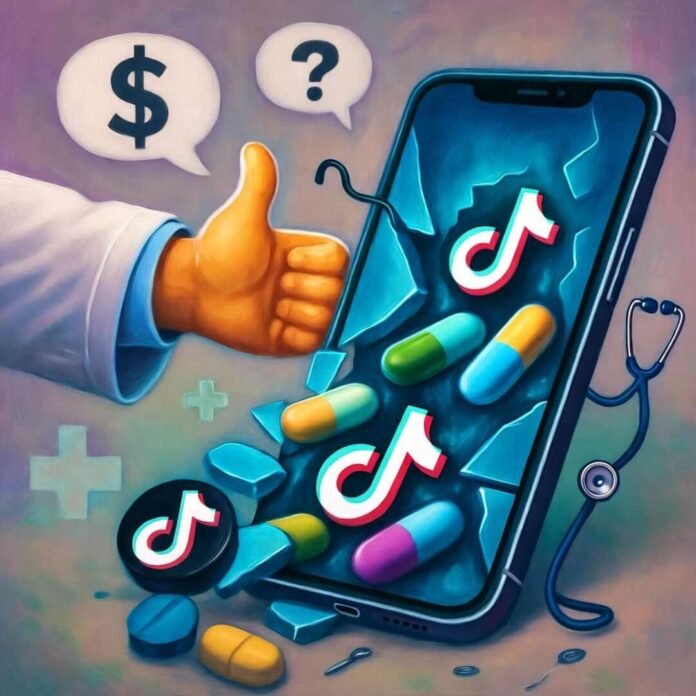 Impressionistic painting of cracked smartphone spilling TikTok pill icons, doctor's thumbs-up hand, morphing dollar-question bubbles, dancing stethoscopes.