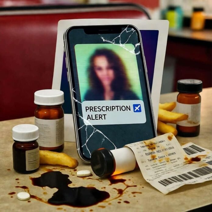 Cracked phone with prescription alert, empty pill bottles, hacker shadow on diner table.