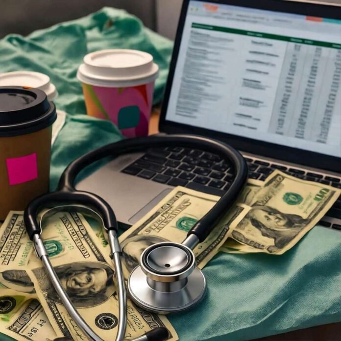 Stethoscope tangled in cash, laptop salary chart, scrubs draped, neon pink coffee cups.