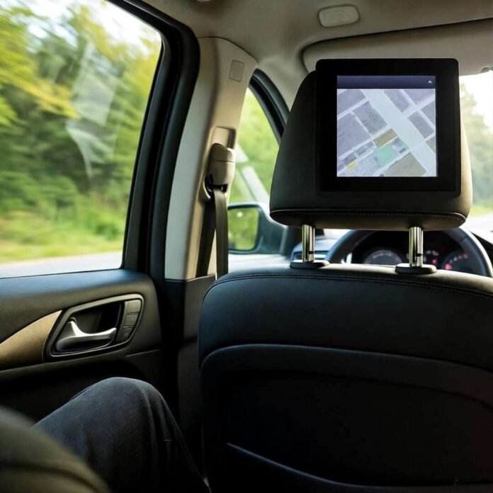 Passenger-seat view: tilted car interior, driver’s headrest, GPS screen, blurred greenery outside.