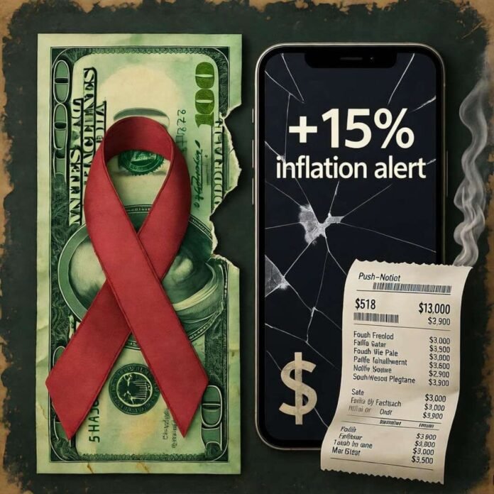 Torn $100 bill stitched with red ribbon, cracked phone showing +15% inflation, curling receipt.